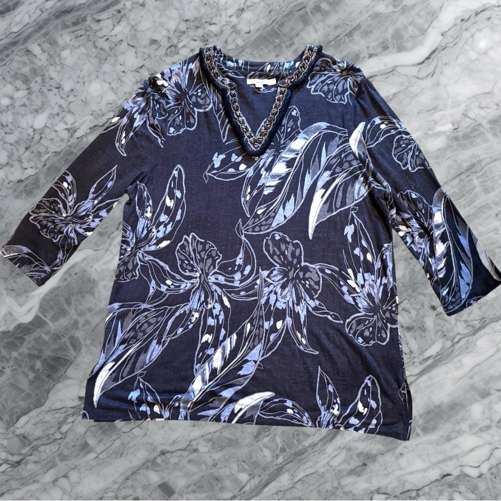 ✨Chico’s Navy & White Floral Linen Tunic | Breezy Coastal Sz 3 (16/18) - Picture 4 of 9